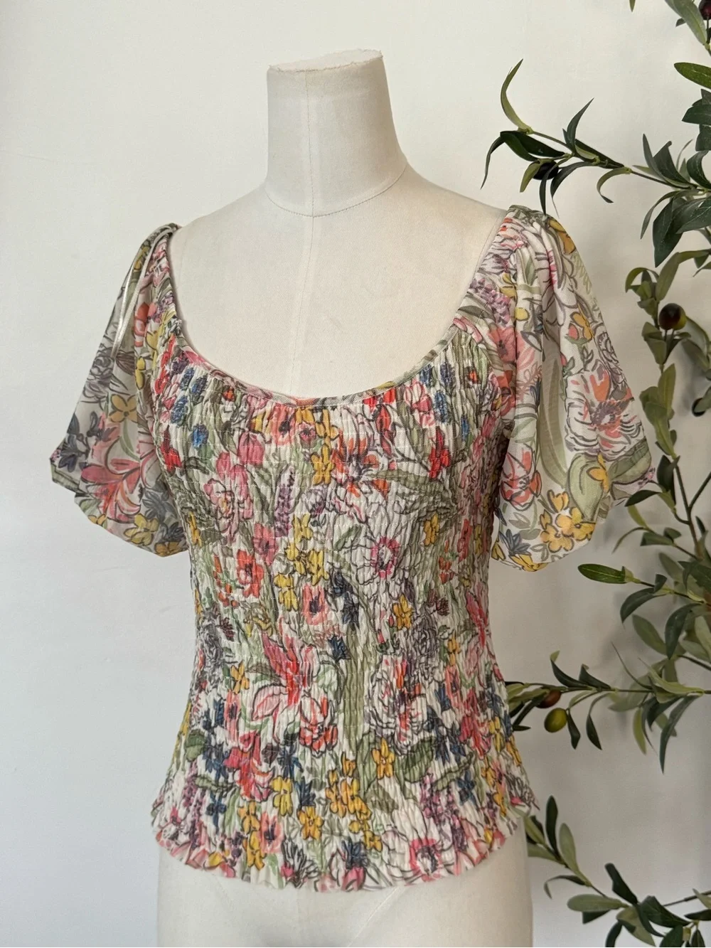 Anthropologie Floral Aurelia Smocked Top - Puffed Sleeves Multicolor Size  Small